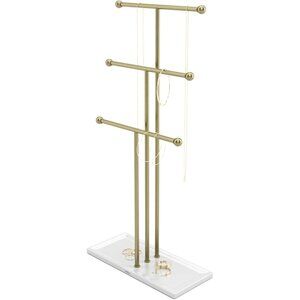 Three-Tiered Necklace Stand for Organized Jewelry Display – White/Gold Finish